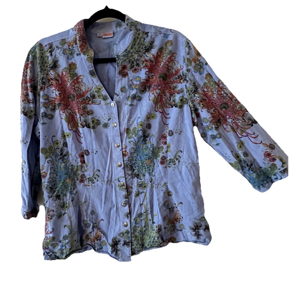 Tianello Blue Floral 3/4 Sleeve Mandarin Collar Button Princess Cut Womens Large - Picture 6 of 16
